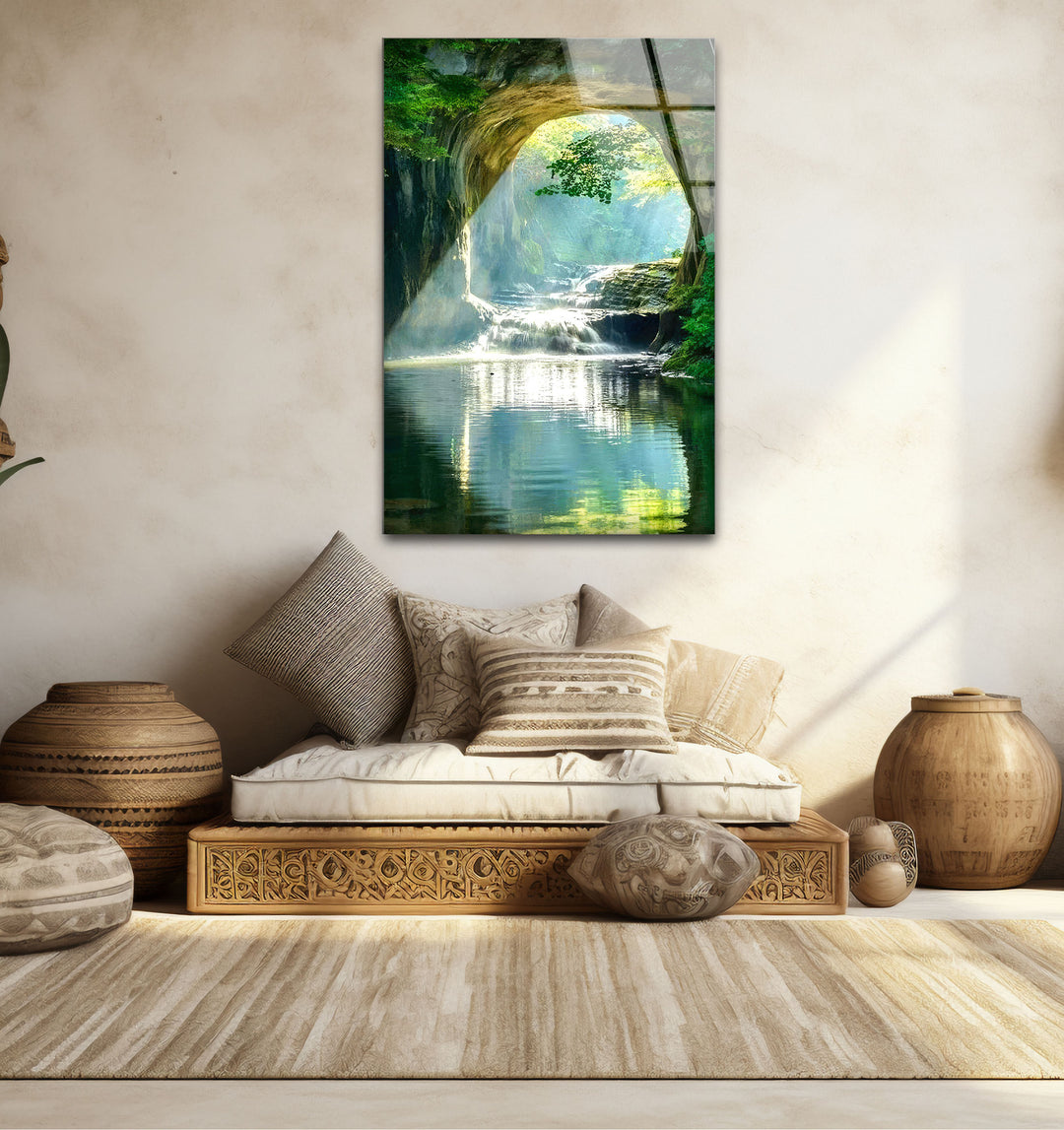 Wald-Wasserfall-Bogen-Wandkunst – Ruhige Naturszene Glasdruck