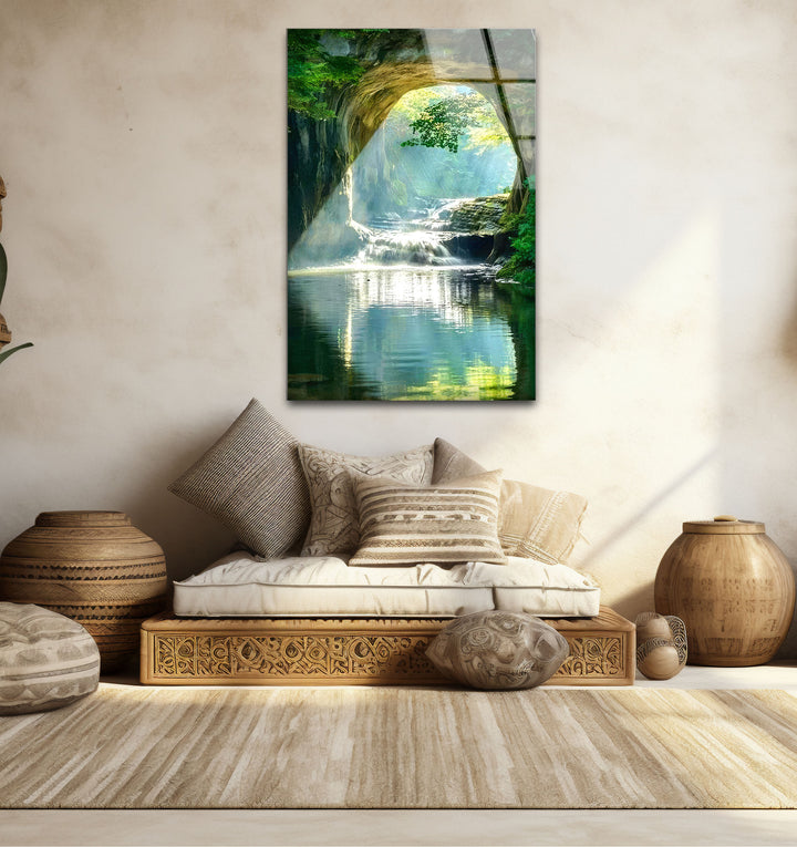 Wald-Wasserfall-Bogen-Wandkunst – Ruhige Naturszene Glasdruck