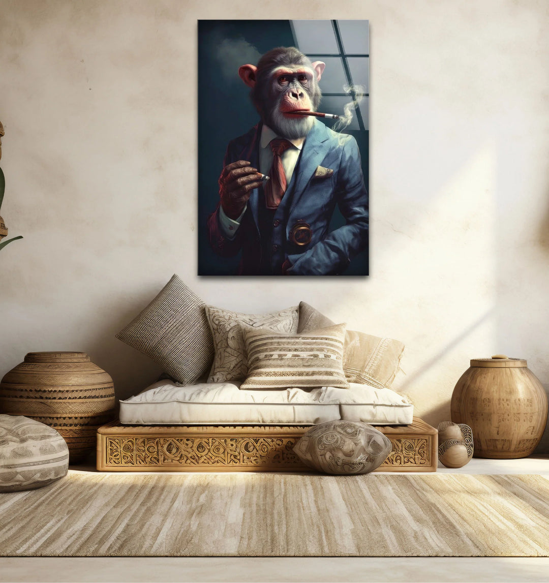 Smoking Monkey Wall Art – Funny Dressed-Up Chimp in Suit Glass Print for Bold Modern Decor - MyPhotoStation