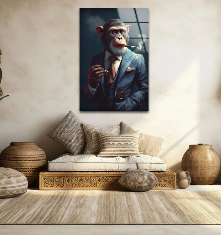 Smoking Monkey Wall Art – Funny Dressed-Up Chimp in Suit Glass Print for Bold Modern Decor - MyPhotoStation