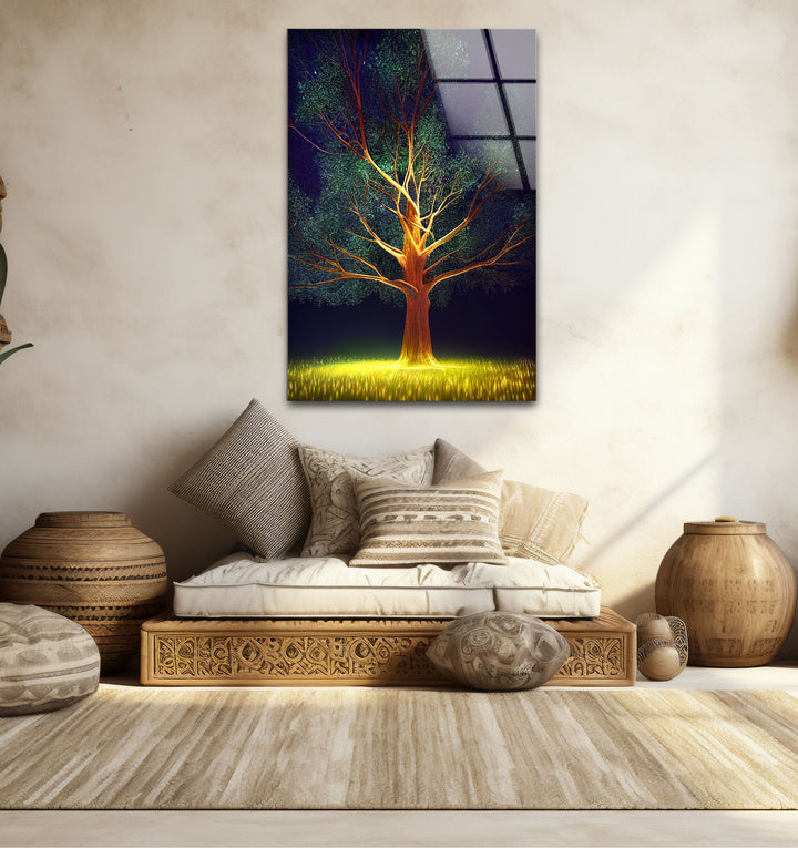 Leuchtende Baum-Wandkunst – Beleuchtetes Nachtwald-Glasdruckdesign