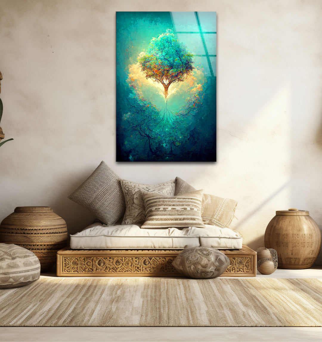 Schwebender Lebensbaum Wandkunst – Leuchtende Wurzeln Fantasy Glasdruck