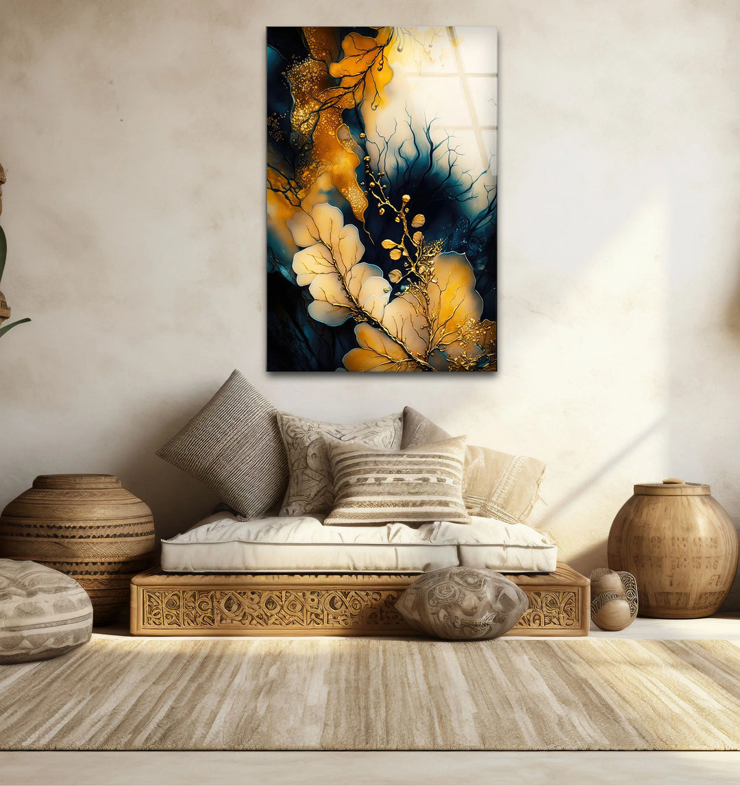 Golden Botanical Abstract Wall Art – Elegant Navy and Gold Glass Print for Luxe Interiors - MyPhotoStation
