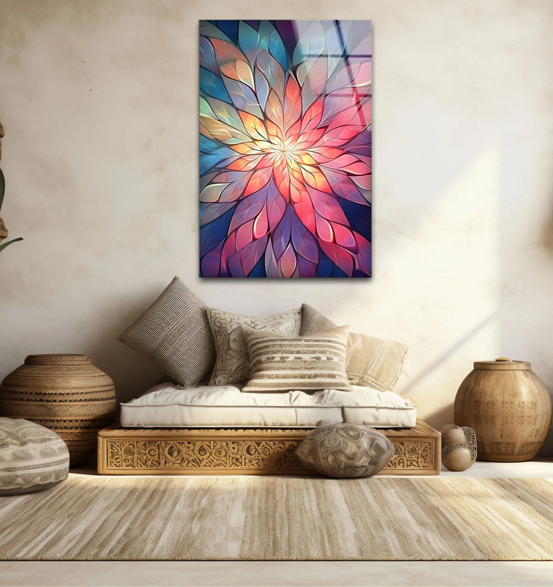 Radiant Mandala Flower Wall Art – Colorful Abstract Glass Print for Boho and Spiritual Decor - MyPhotoStation