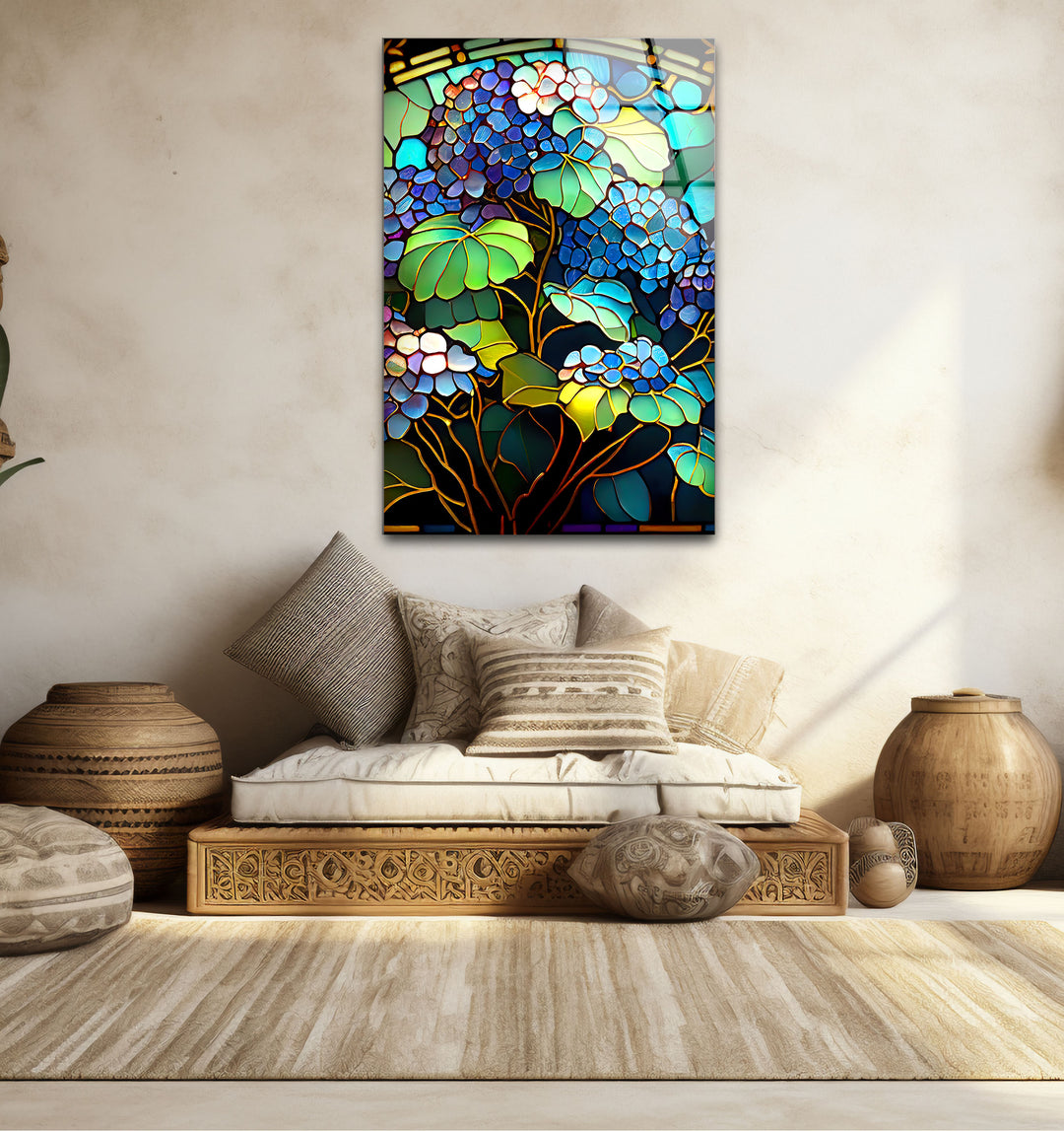 Blaue Hortensie Buntglas-Wandkunst – Vertikaler Blumenglasdruck