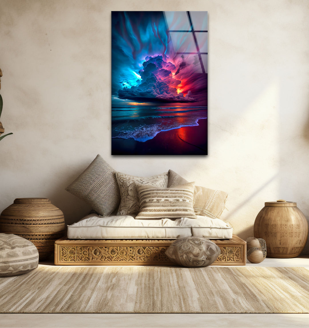 Wandkunst mit stürmischem Strandsonnenuntergang – Lebendiges Himmel- und Ozean-Glasdruckdesign