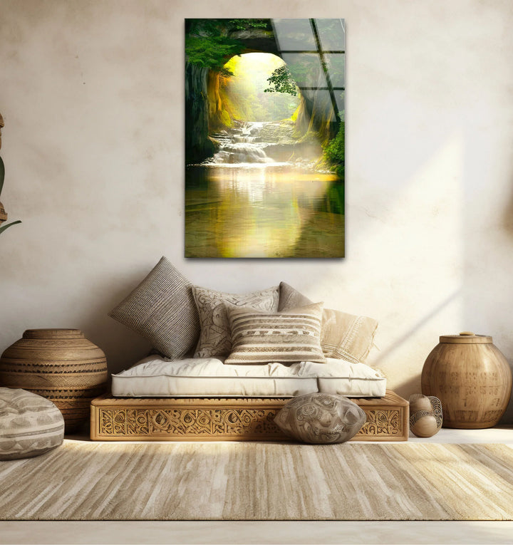 Sunlit Forest Cave Waterfall Glass Wall Art – Serene Nature Landscape Print - MyPhotoStation