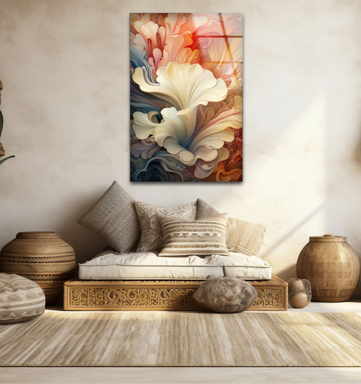 Abstract Floral Swirl Wall Art – Elegant Beige and Coral Glass Print for Modern Interiors