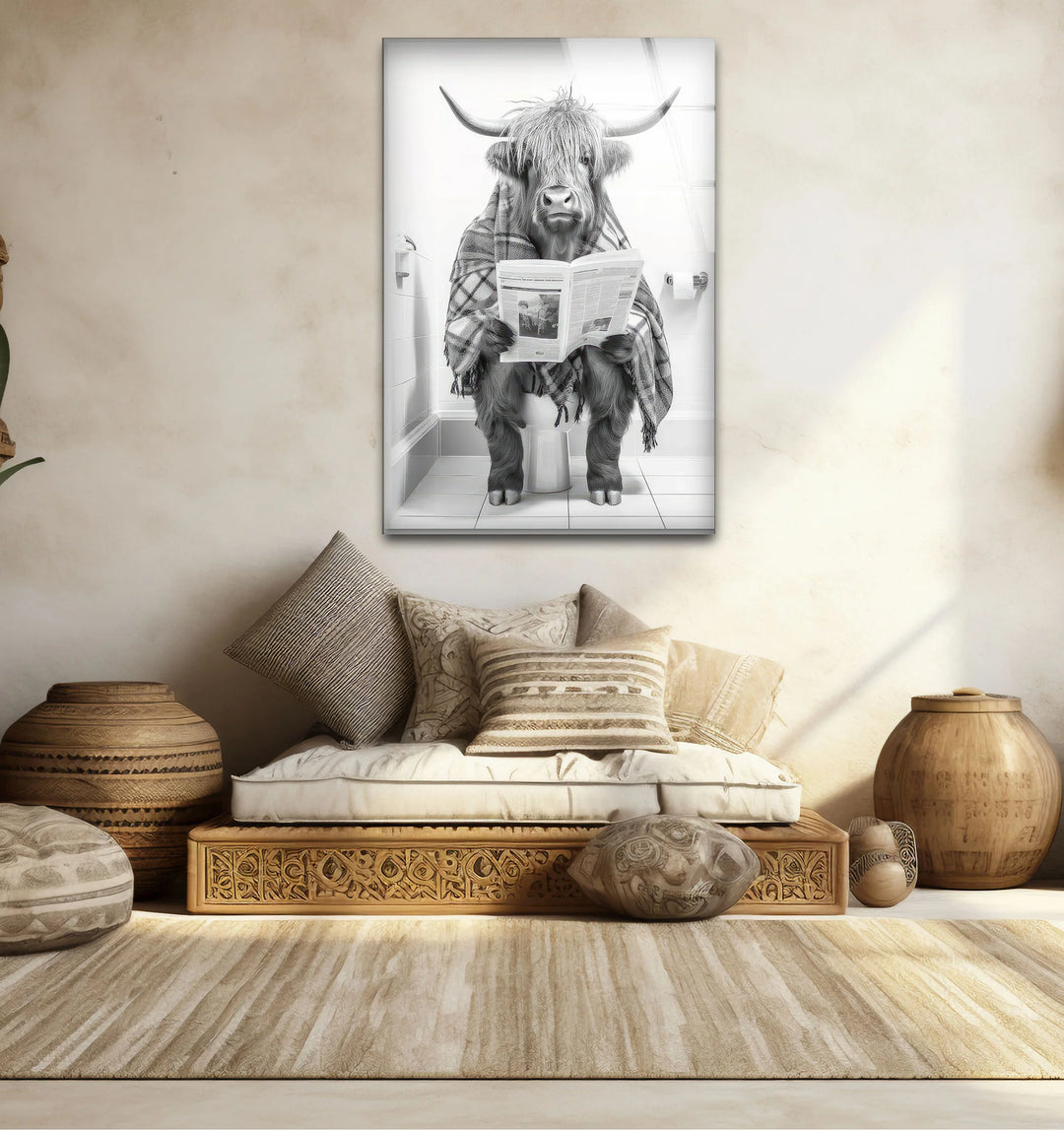 Plaid Highland Cow Bathroom Wall Art – Funny Black and White Glass Print for Rustic Decor - MyPhotoStation