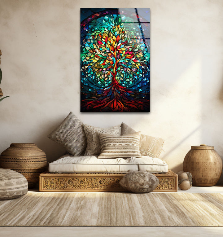 Baum des Lebens Buntglas-Wandkunst – Farbenfrohes vertikales Glasdruckdesign