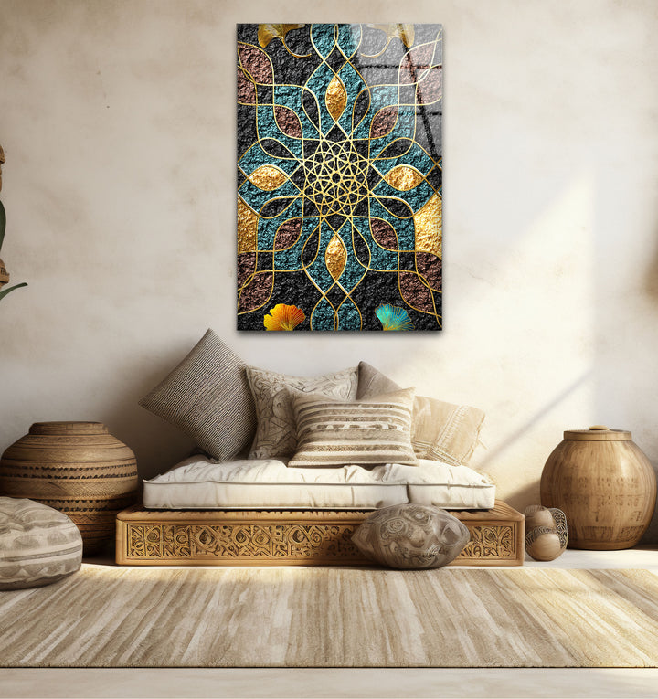 Goldene Mandala-Wandkunst – Geometrisches blaugrünes und schwarzes Muster-Glasdruckdesign