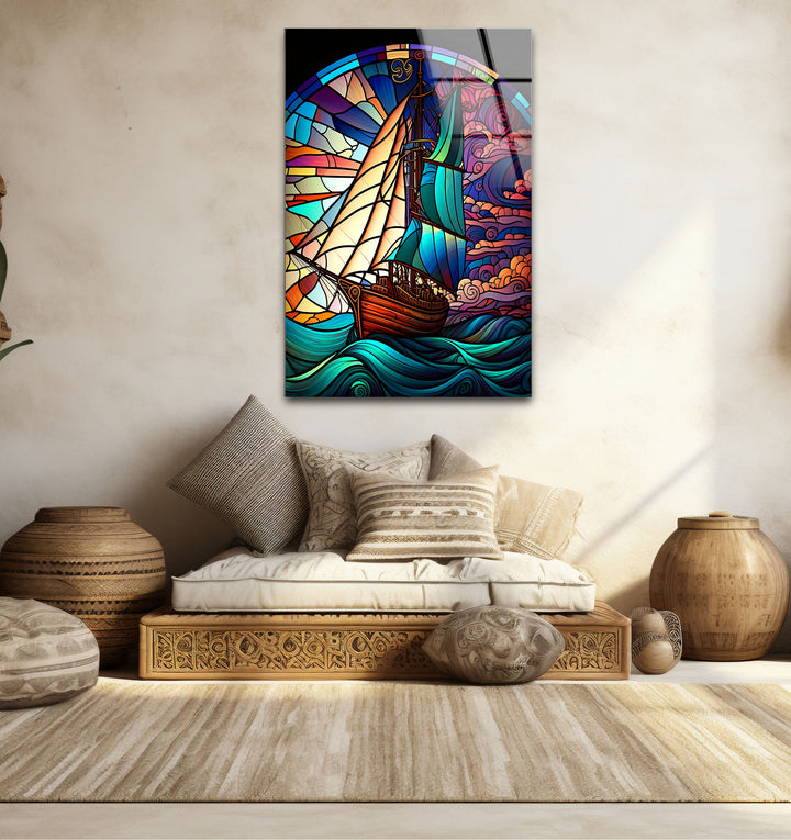 Segelschiff Buntglas Wandkunst – Maritimer Ozeanwellen-Glasdruck
