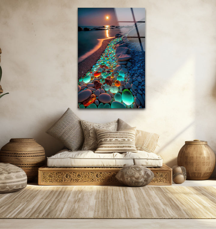 Glowing Pebble Beach Wall Art – Sunset Glass Print with Luminous Stones for Coastal Decor