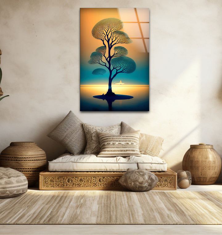 Serene Tree of Life Wall Art – Sailboat Sunset Glass Print Design