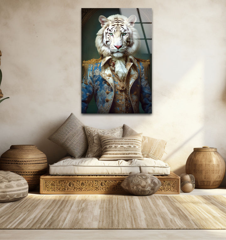 Königliches weißes Tigerporträt als Wandkunst – Kunstwerk im königlichen Tierkostüm