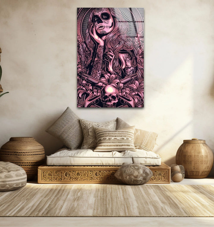 Day of the Dead Gothic Wall Art – Pink Skull Girl with Guns Tattoo Design - MyPhotoStation