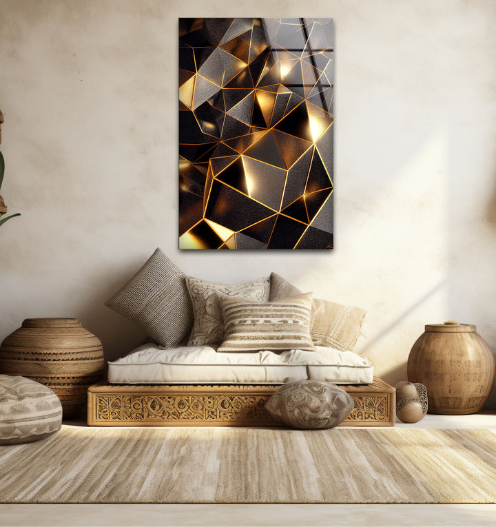 Geometrische Goldprisma-Wandkunst – Luxuriöser abstrakter 3D-Glasdruck