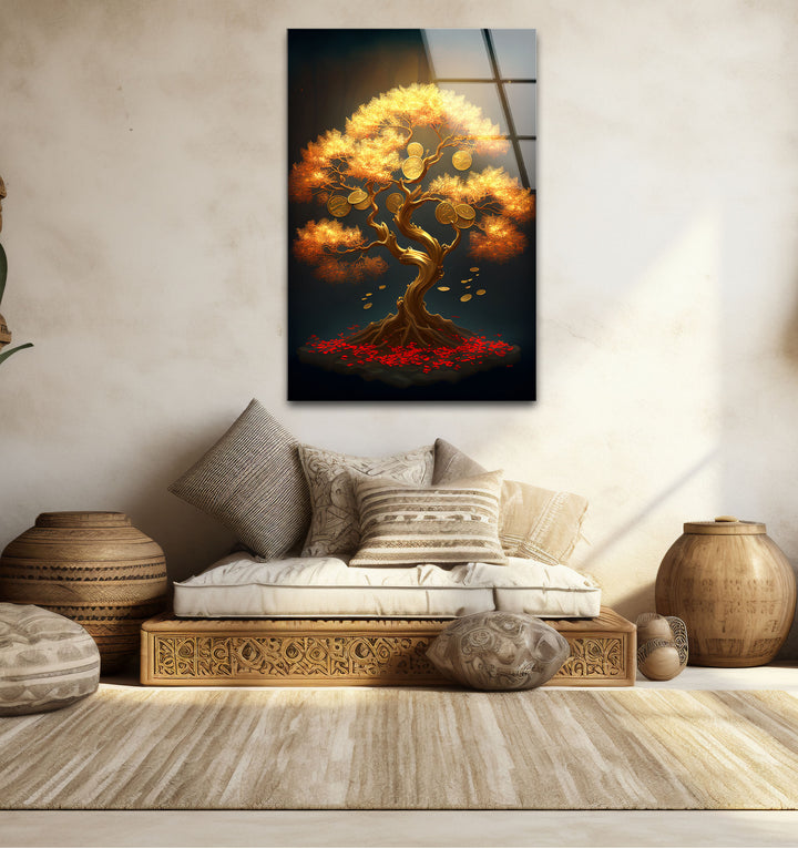 Goldener Geldbaum als Wanddekoration – Symbol für Wohlstand und Reichtum aus Glas
