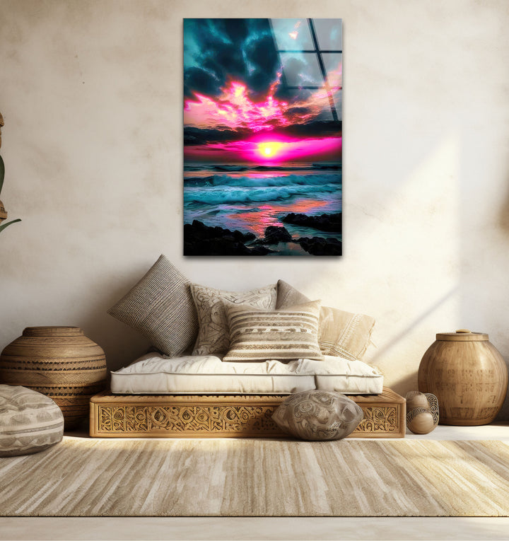 Lebendige Sonnenuntergang Ozean Wandkunst – Rosa Himmel &amp; Wellen Glasdruck-Design