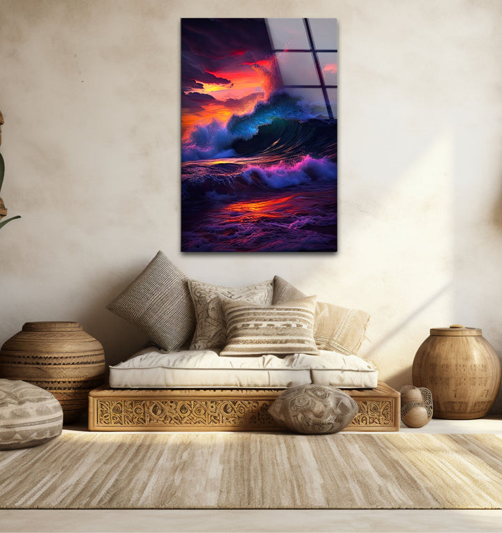 Wandkunst mit krachenden Wellen bei Sonnenuntergang – Dramatisches Ozean-Glasdruck-Design