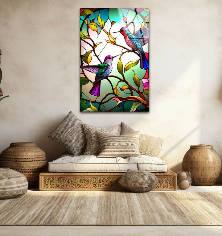 Hummingbirds Stained Glass Wall Art – Colorful Bird & Branch Glass Print