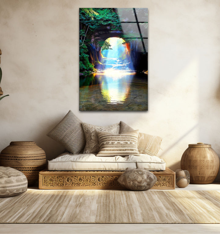Waldlichttunnel-Wandkunst – Sonnenstrahlreflexions-Glasdruckdesign