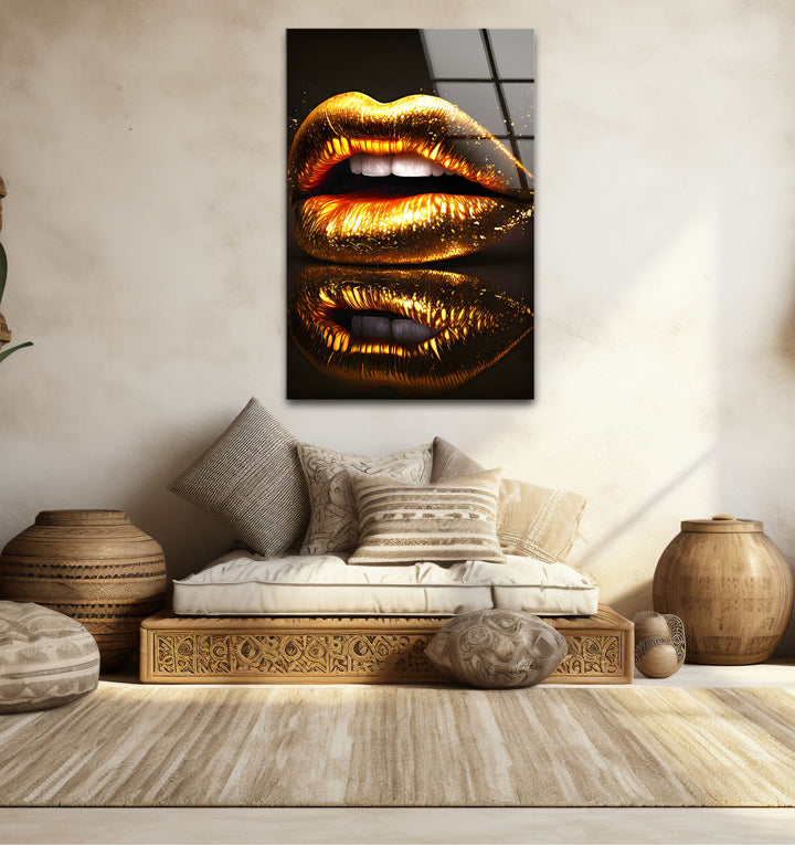 Goldene Lippen Wandkunst – Glamouröses funkelndes Mund-Glasdruck-Design