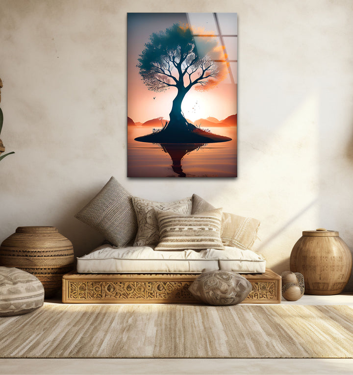Sonnenuntergang Baum des Lebens Wandkunst – Silhouette Insel Glasdruck Dekor
