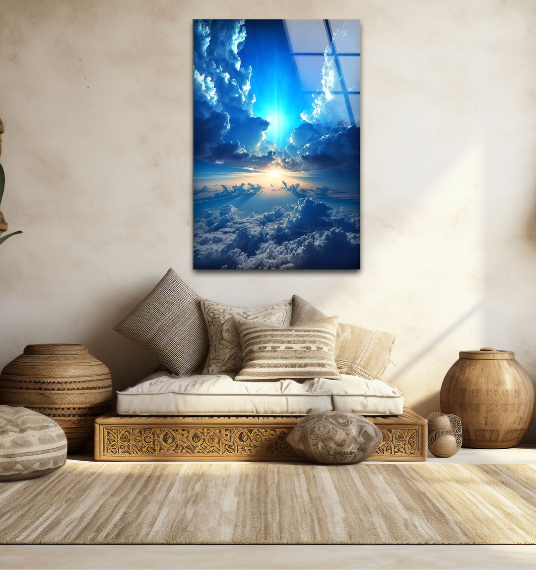 Himmlischer Himmel Wandkunst – Strahlende Wolken und Lichtstrahl Glasdruck