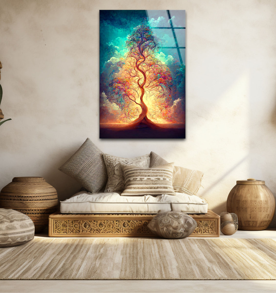 Strahlender Lebensbaum Wandkunst – Ätherisches Licht Fantasy Glasdruck