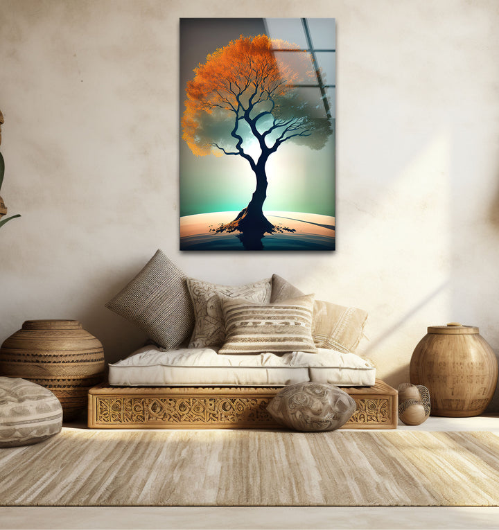 Minimalistische Wandkunst mit Lebensbaum – Orangefarbenes Kronenglas-Druckdesign