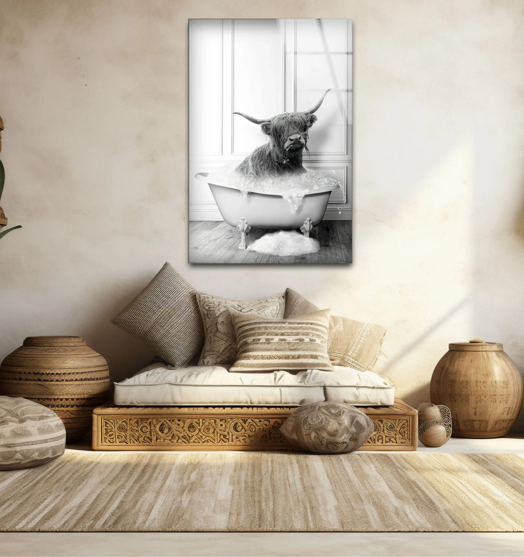 Highland Cow Bubble Bath Wall Art – Funny Black and White Glass Print for Bathroom Decor - MyPhotoStation