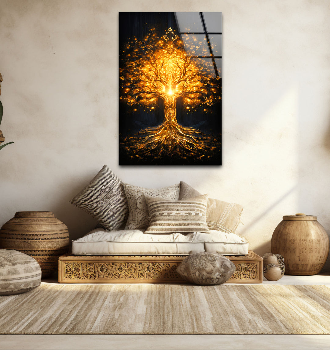 Goldene Fantasiebaum-Wandkunst – Beleuchtetes abstraktes Glasdruckdesign