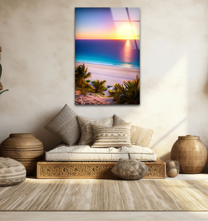 Tropischer Strand Sonnenuntergang Wandkunst – Lebendiger Ozeanhorizont Glasdruck