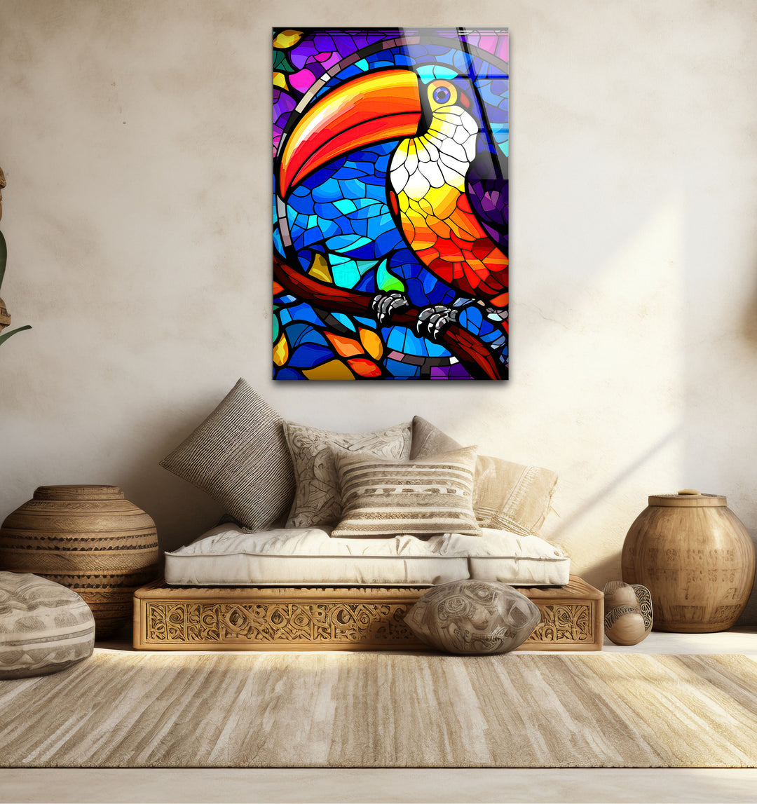 Tukan-Wandkunst aus Buntglas – Lebendiges Glasdruckdesign mit tropischem Vogel