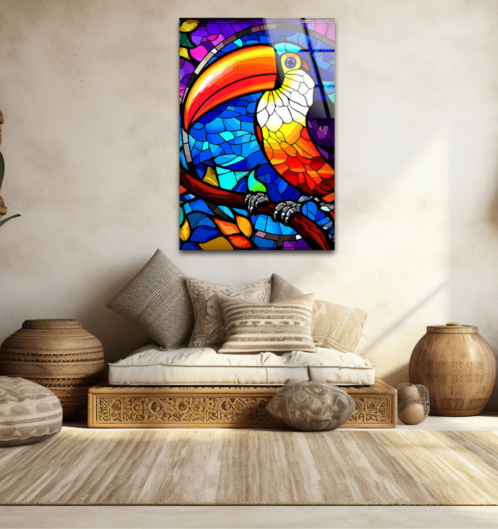 Tukan-Wandkunst aus Buntglas – Lebendiges Glasdruckdesign mit tropischem Vogel