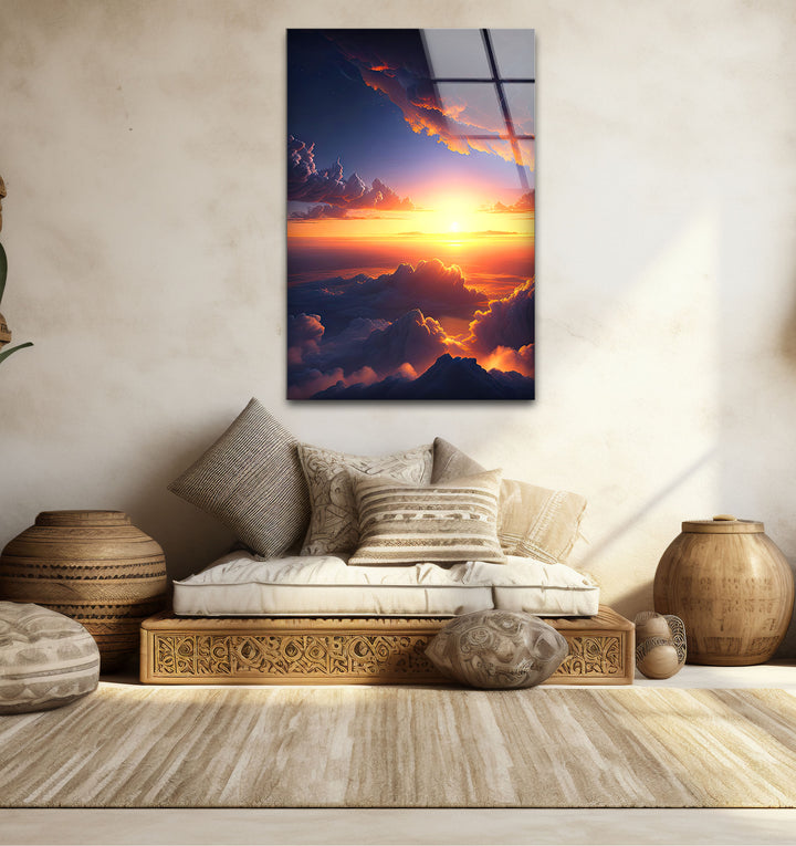 Wandkunst „Über den Wolken Sonnenuntergang“ – Glasdruckdesign „Verträumter Himmel leuchtet“