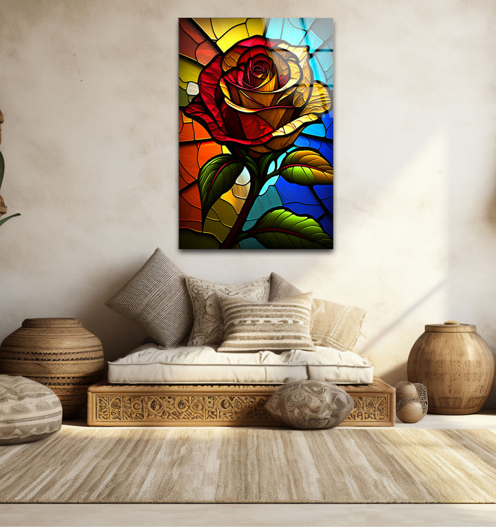 Rote Rose Buntglas-Wandkunst – Farbenfrohes florales Glasdruck-Design