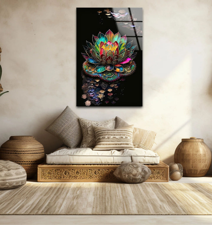 Radiant Lotus Flower Wall Art – Colorful Mandala Glass Print for Spiritual and Zen Decor - MyPhotoStation