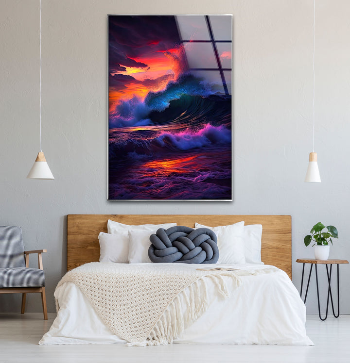 Wandkunst mit krachenden Wellen bei Sonnenuntergang – Dramatisches Ozean-Glasdruck-Design