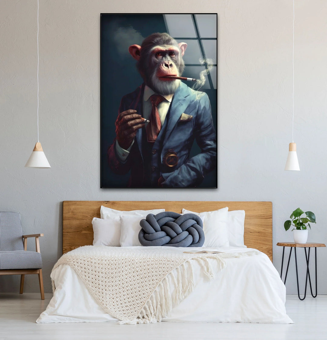 Smoking Monkey Wall Art – Funny Dressed-Up Chimp in Suit Glass Print for Bold Modern Decor - MyPhotoStation