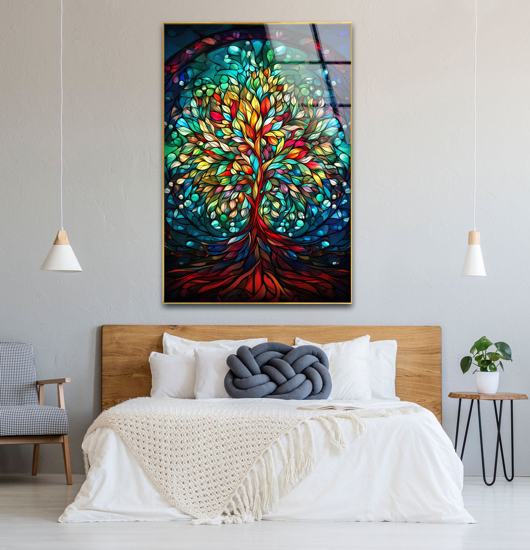 Baum des Lebens Buntglas-Wandkunst – Farbenfrohes vertikales Glasdruckdesign