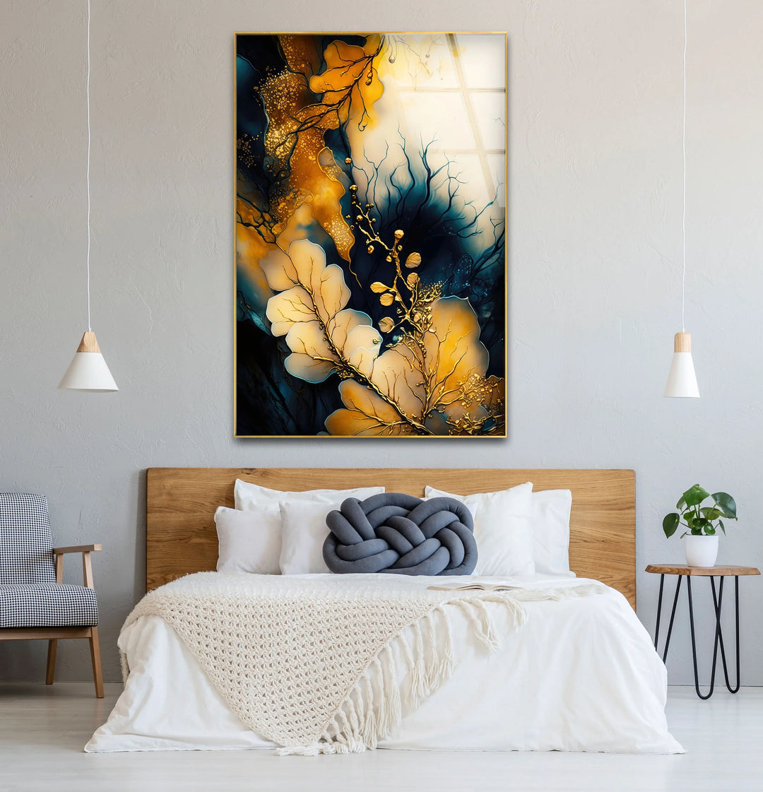 Golden Botanical Abstract Wall Art – Elegant Navy and Gold Glass Print for Luxe Interiors - MyPhotoStation