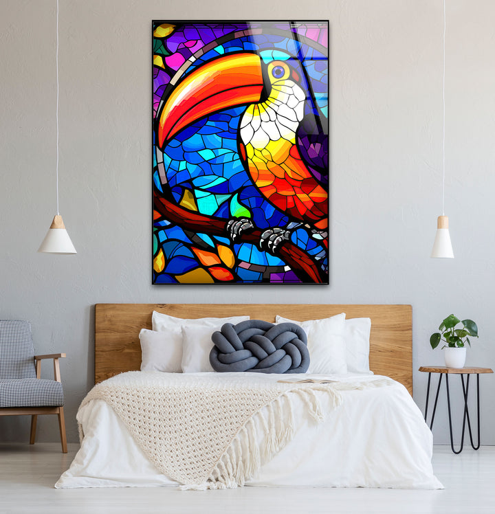 Tukan-Wandkunst aus Buntglas – Lebendiges Glasdruckdesign mit tropischem Vogel