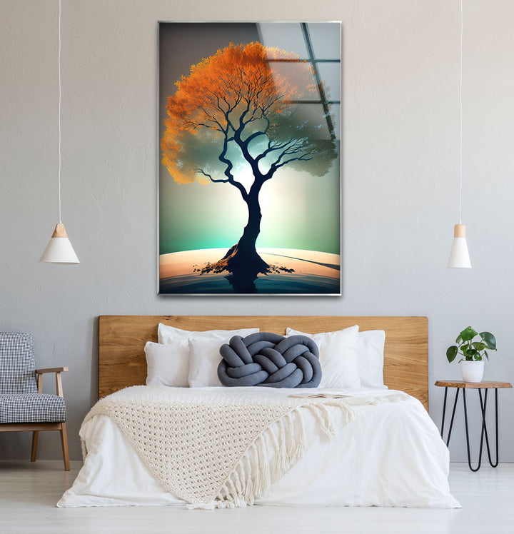 Minimalistische Wandkunst mit Lebensbaum – Orangefarbenes Kronenglas-Druckdesign