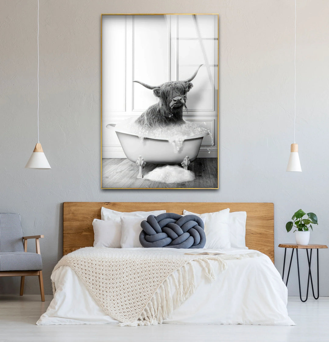 Highland Cow Bubble Bath Wall Art – Funny Black and White Glass Print for Bathroom Decor - MyPhotoStation