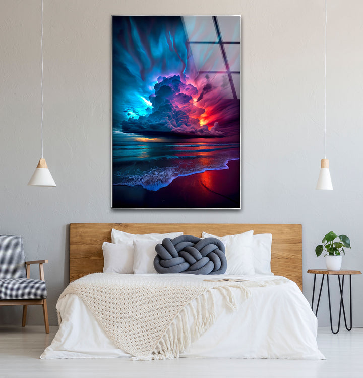 Wandkunst mit stürmischem Strandsonnenuntergang – Lebendiges Himmel- und Ozean-Glasdruckdesign