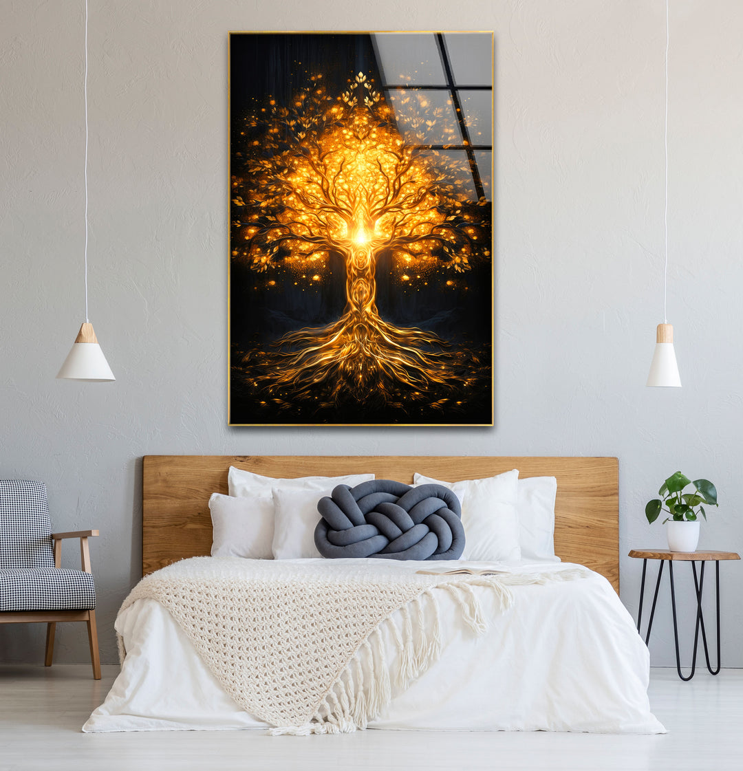 Goldene Fantasiebaum-Wandkunst – Beleuchtetes abstraktes Glasdruckdesign