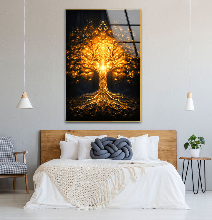 Goldene Fantasiebaum-Wandkunst – Beleuchtetes abstraktes Glasdruckdesign