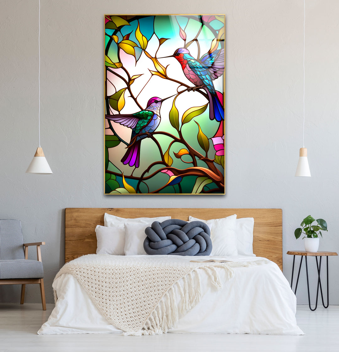 Hummingbirds Stained Glass Wall Art – Colorful Bird & Branch Glass Print